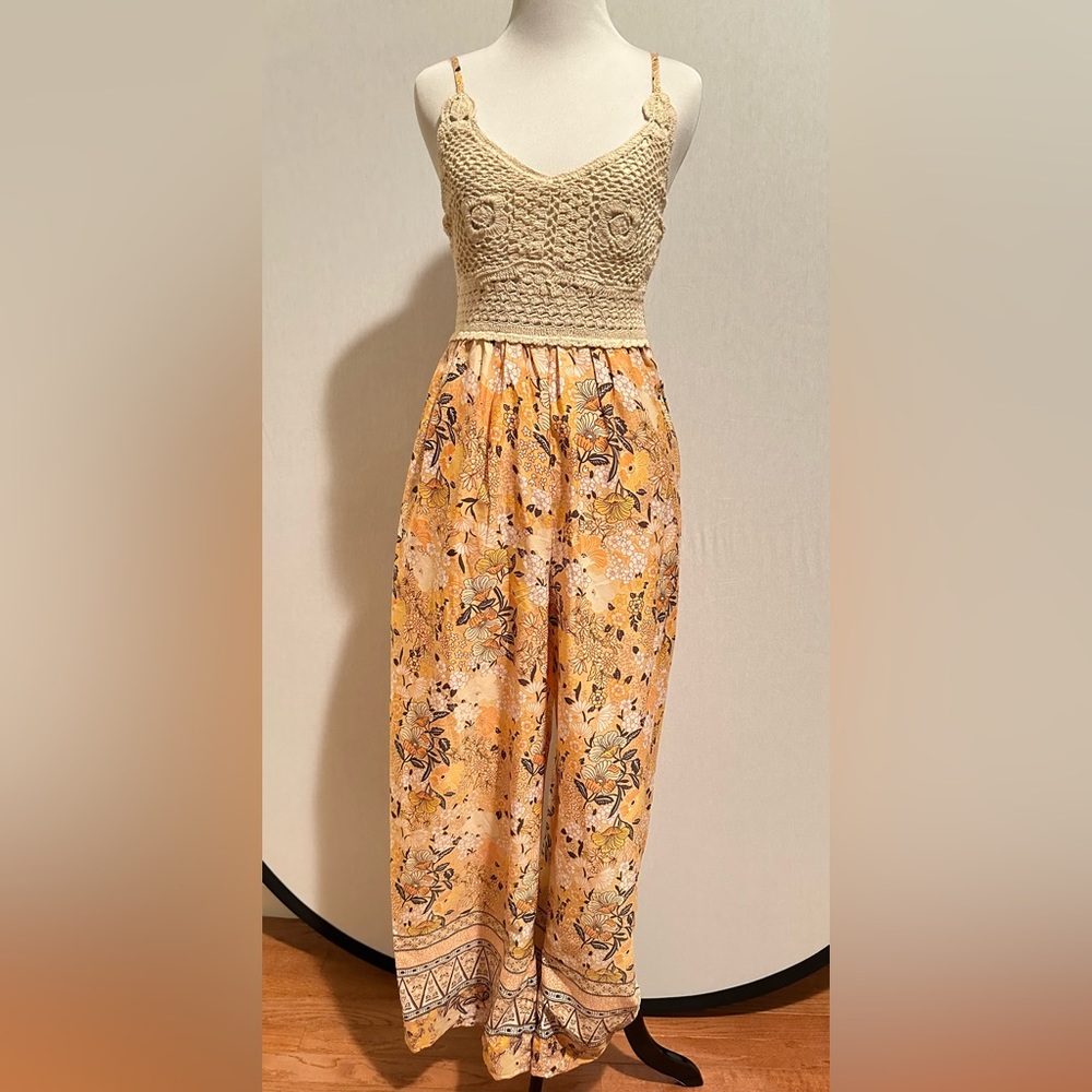 NEW NWT B.O.G. Collective Yellow Floral Romper Size Small With Crochet Top